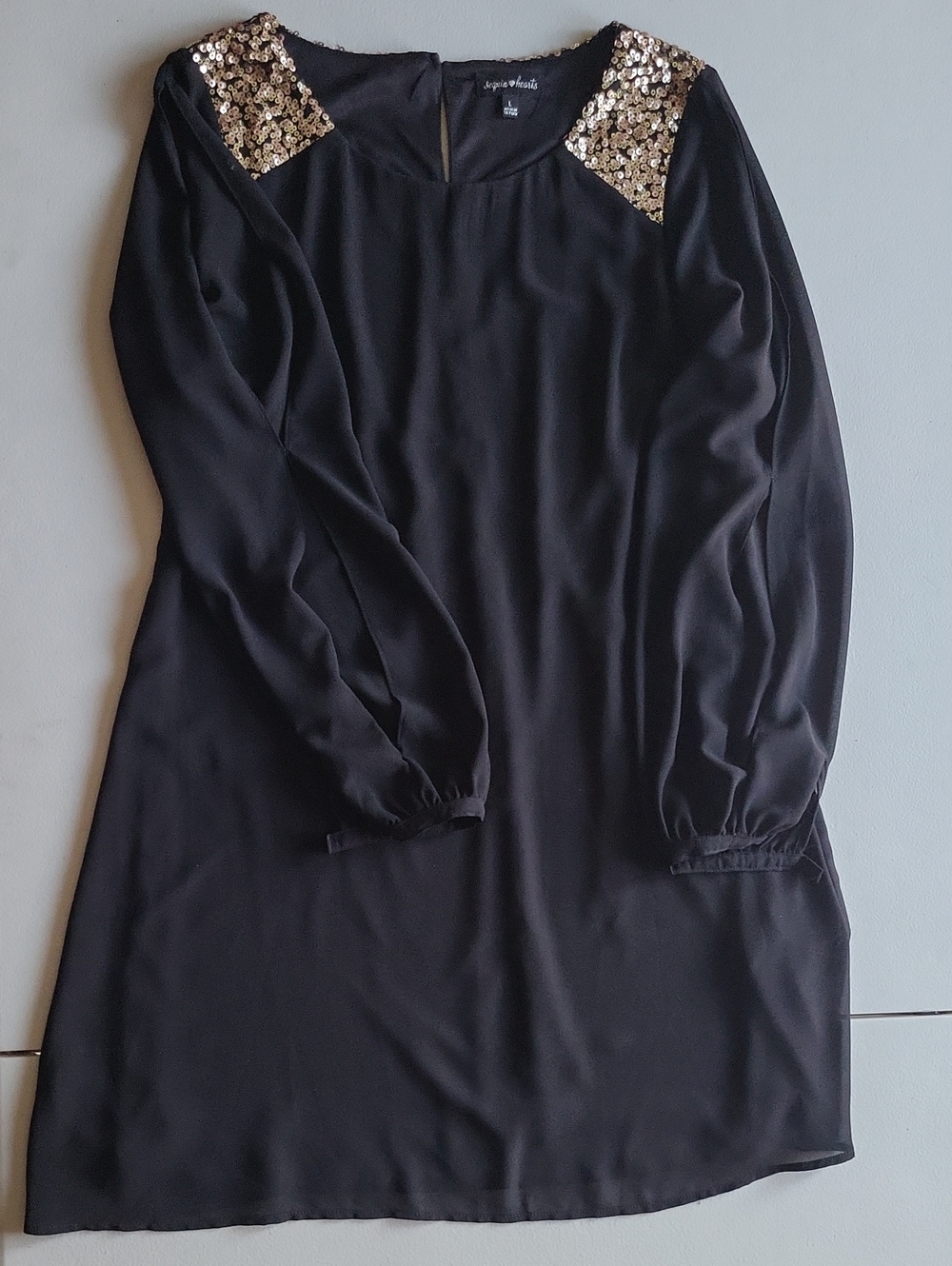 Papaya Black Long-Sleeve Dress with Gold Sequin Shoulders